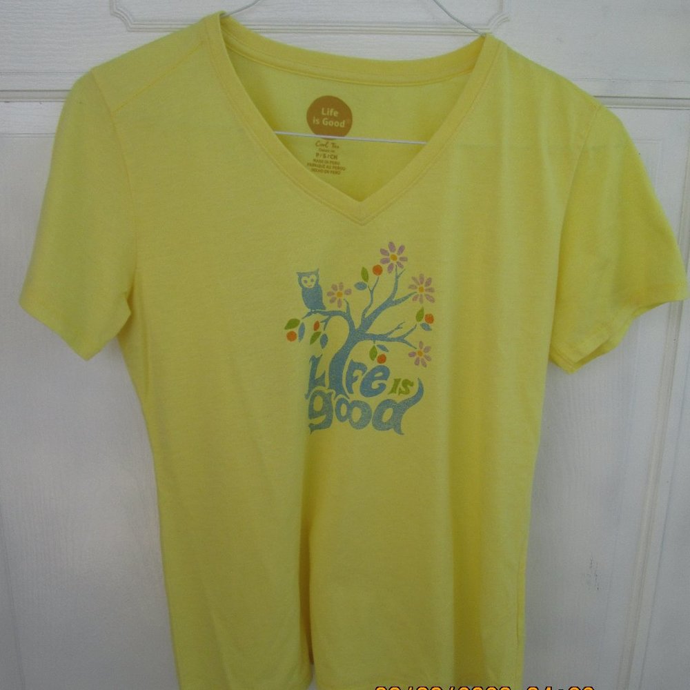 Women's Life is Good Happy Owl Tree Yellow Tee S